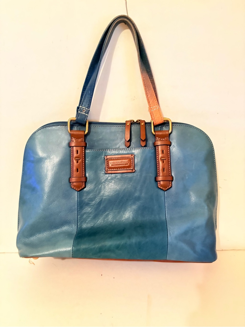 Tignanello Teal Tan & Brown Leather Organizer Shoulder Purse Bag